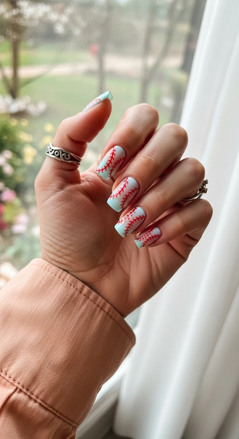 Pale blue square nails with red baseball stitching on every nail