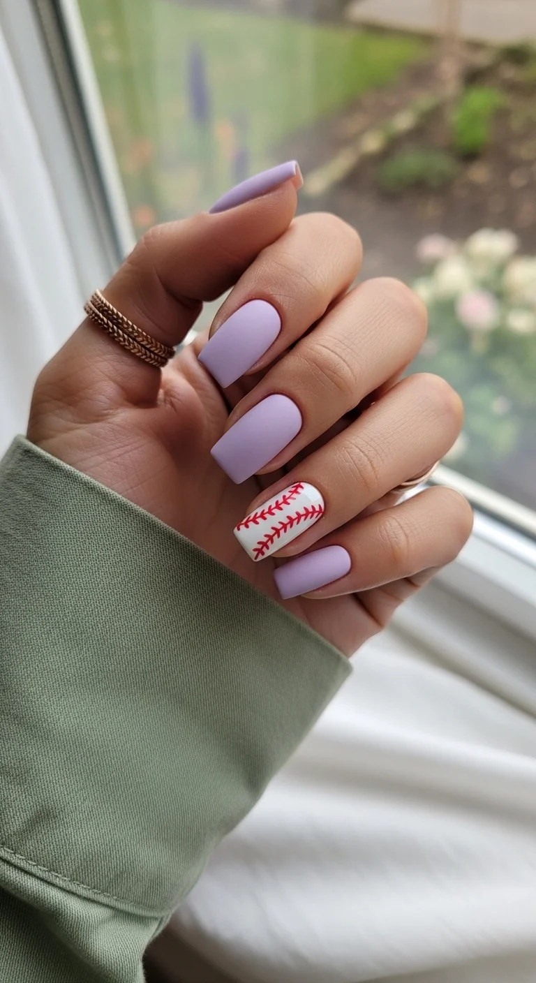 Matte lavender nails with one white baseball accent nail