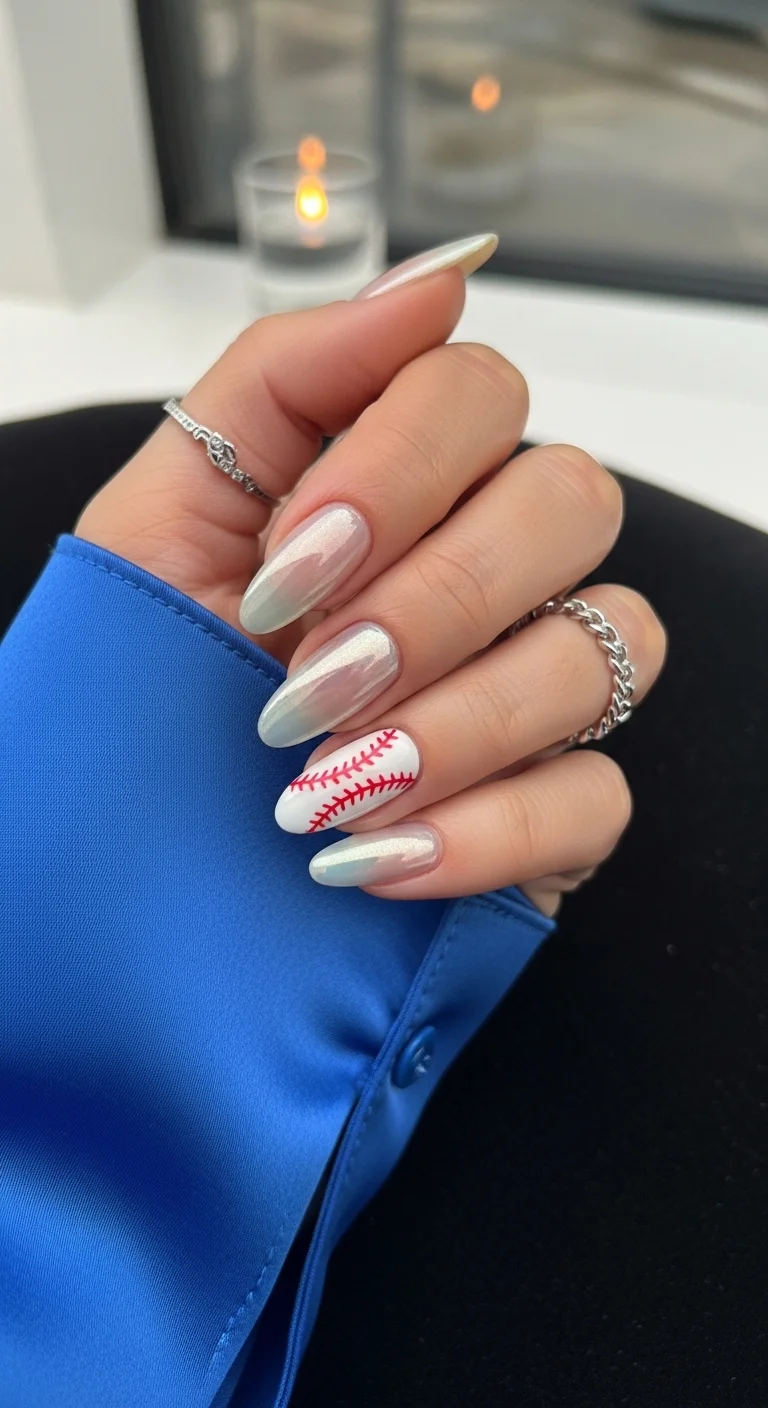 Chrome/iridescent nails with one white baseball accent nail