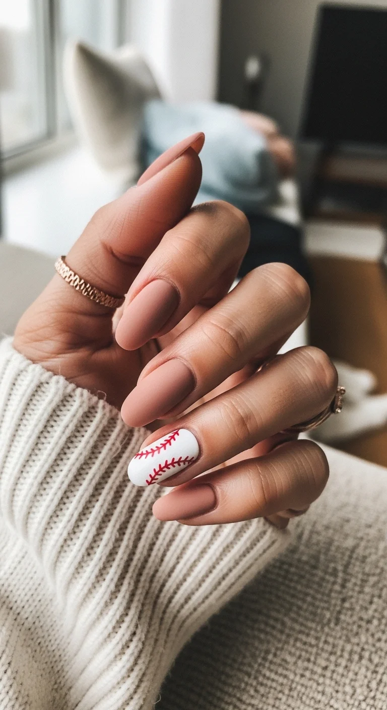 Matte nude/mauve almond nails with a white baseball accent