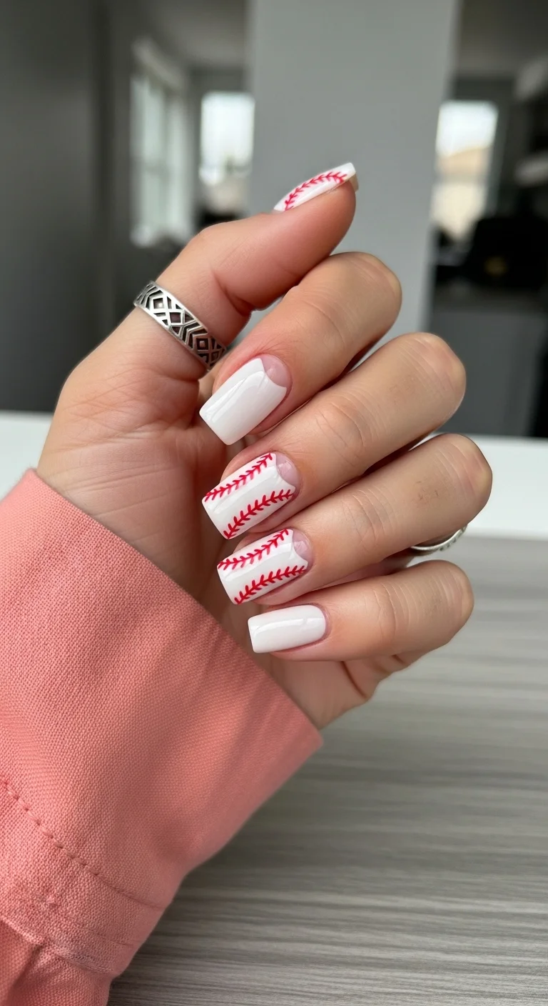 White square nails with negative space half-moons and red baseball stitching