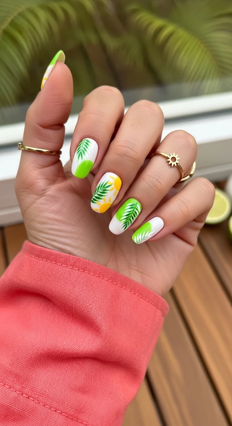 Neon green and white nails with palm leaf and sun art