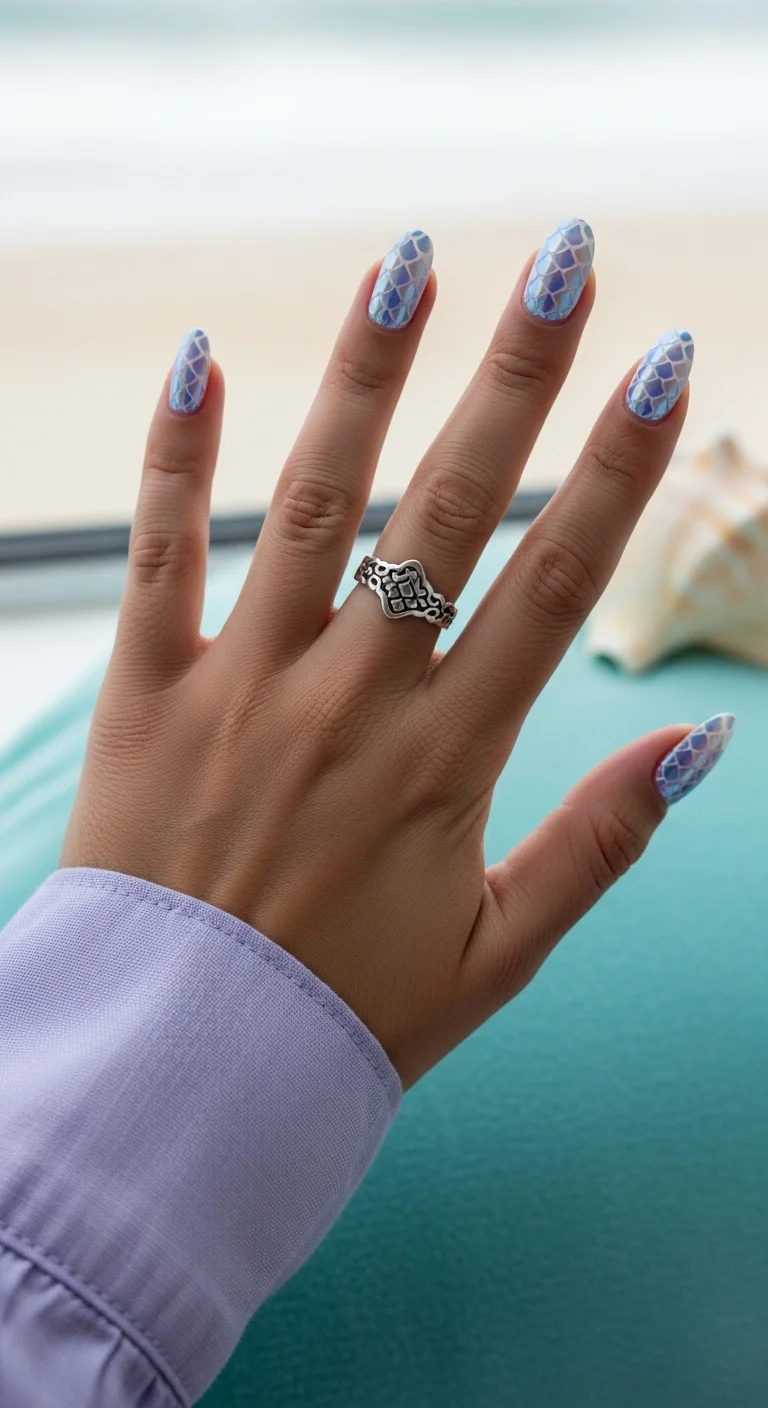 Blue and purple iridescent mermaid scale nails