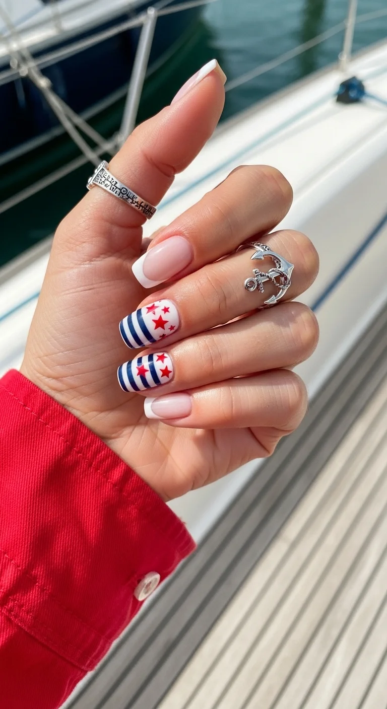 Nautical nails with stripes, stars, and French tips