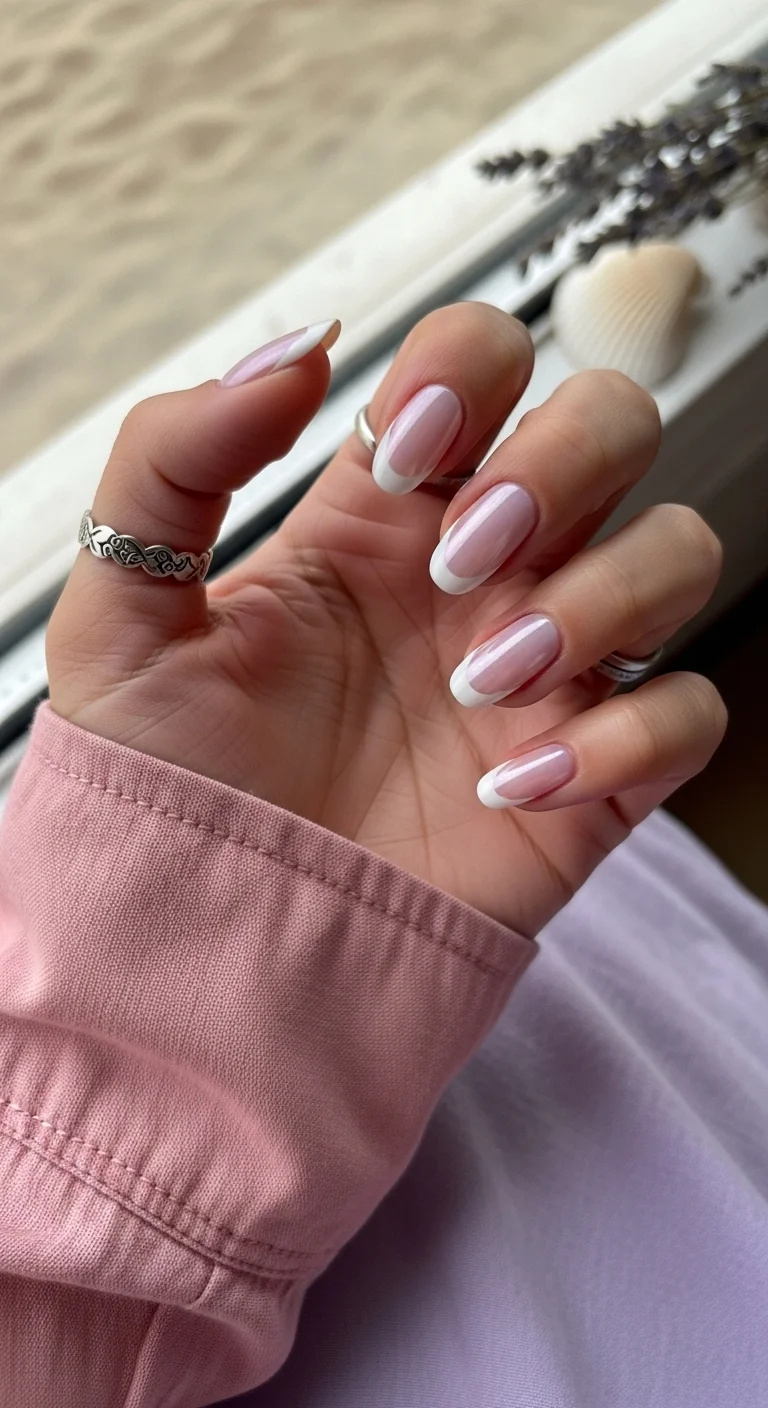 Classic white French tip nails with a soft pink base