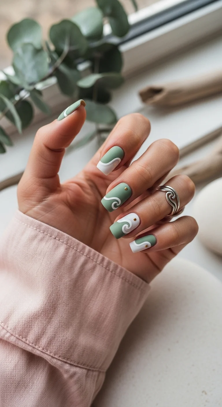 Sage green and white abstract wave nails with matte finish