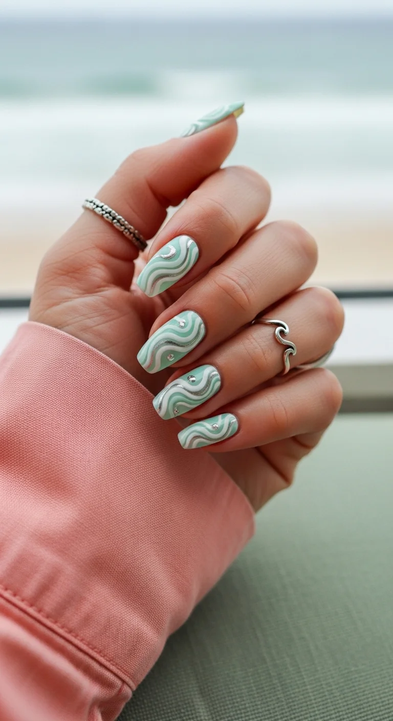 Mint green nails with silver and white wavy lines