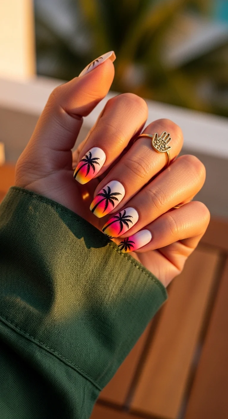 Sunset ombre nails with black palm tree silhouettes