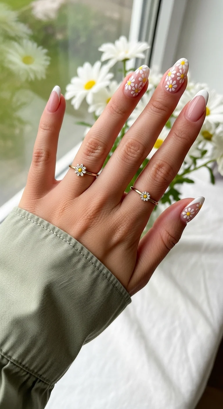 Nude nails with white and yellow daisy art and French tips