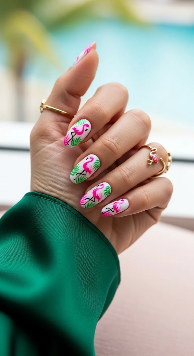 White nails with pink flamingo and tropical leaf art