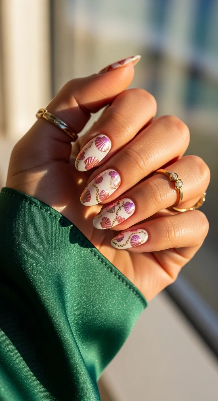 White nails with pink scallop shells and gold chain art