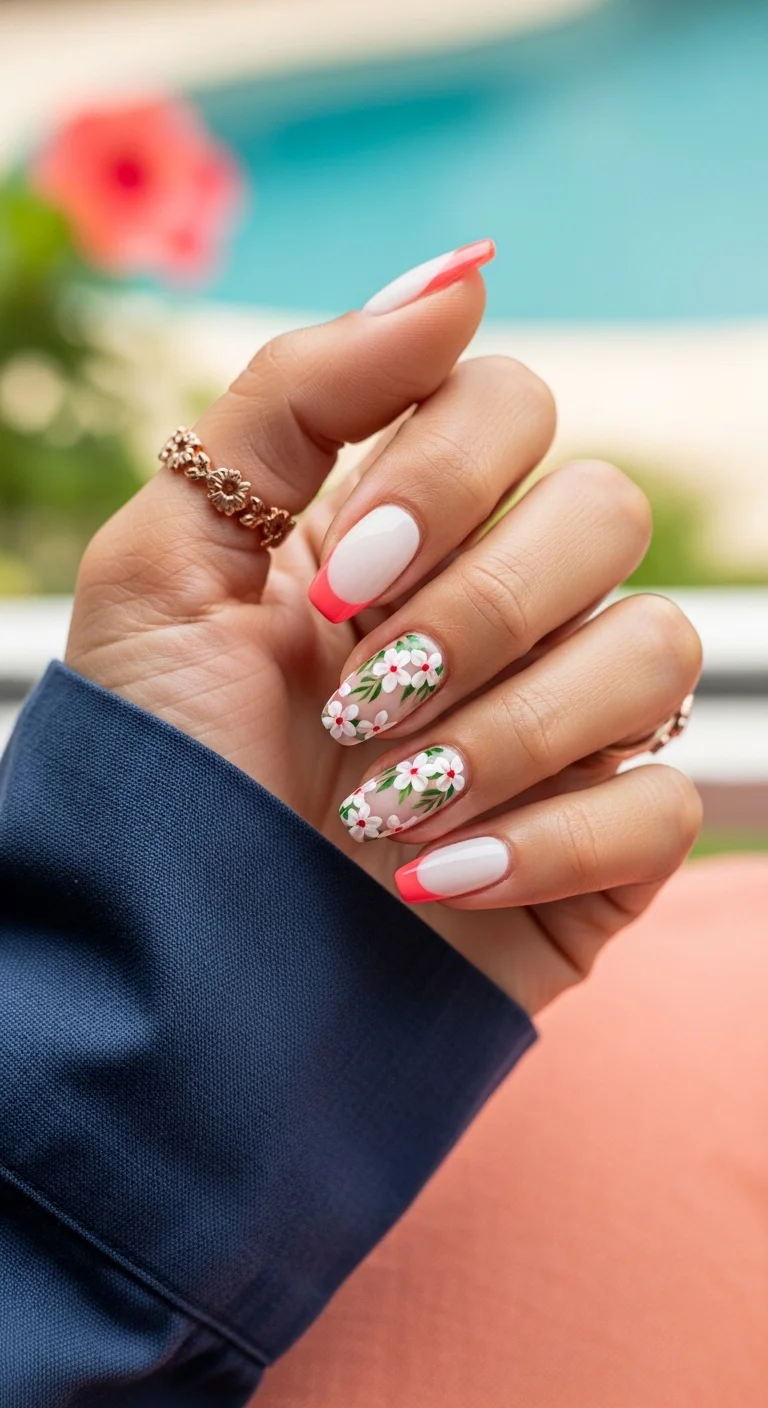 White nails with coral-colored French tips and flower art