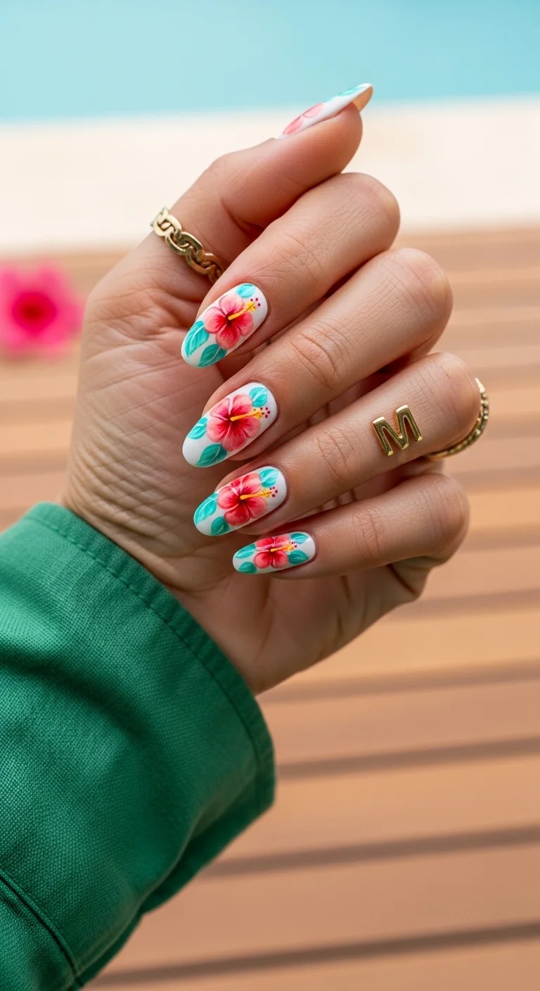 White nails with bright pink and red hibiscus flower art