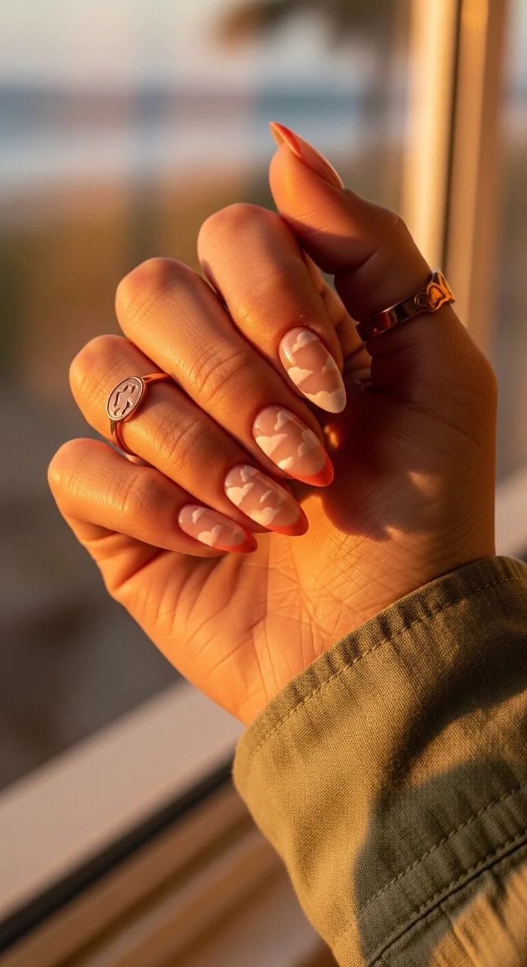 Nude nails with white cloud art and orange French tips