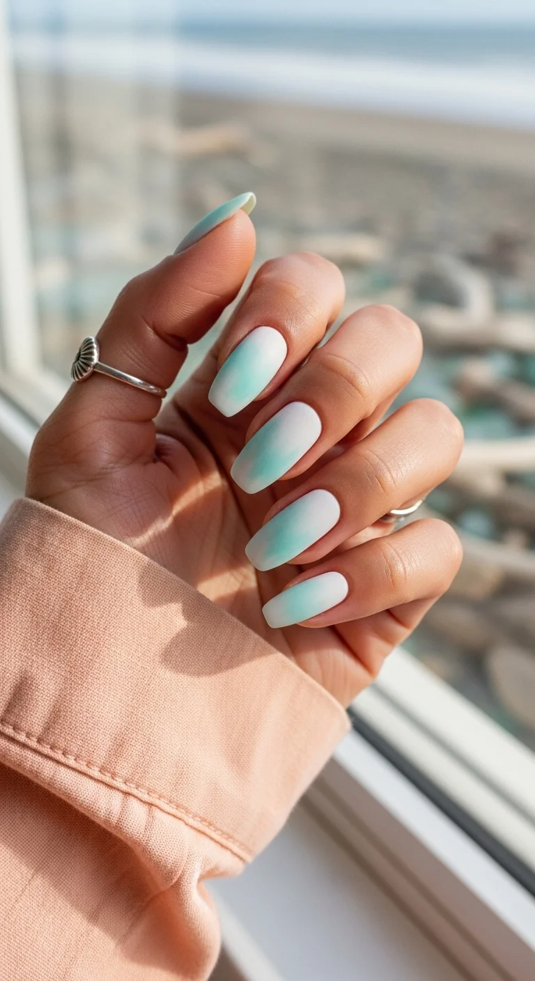 Mint green and white marble nails with matte finish