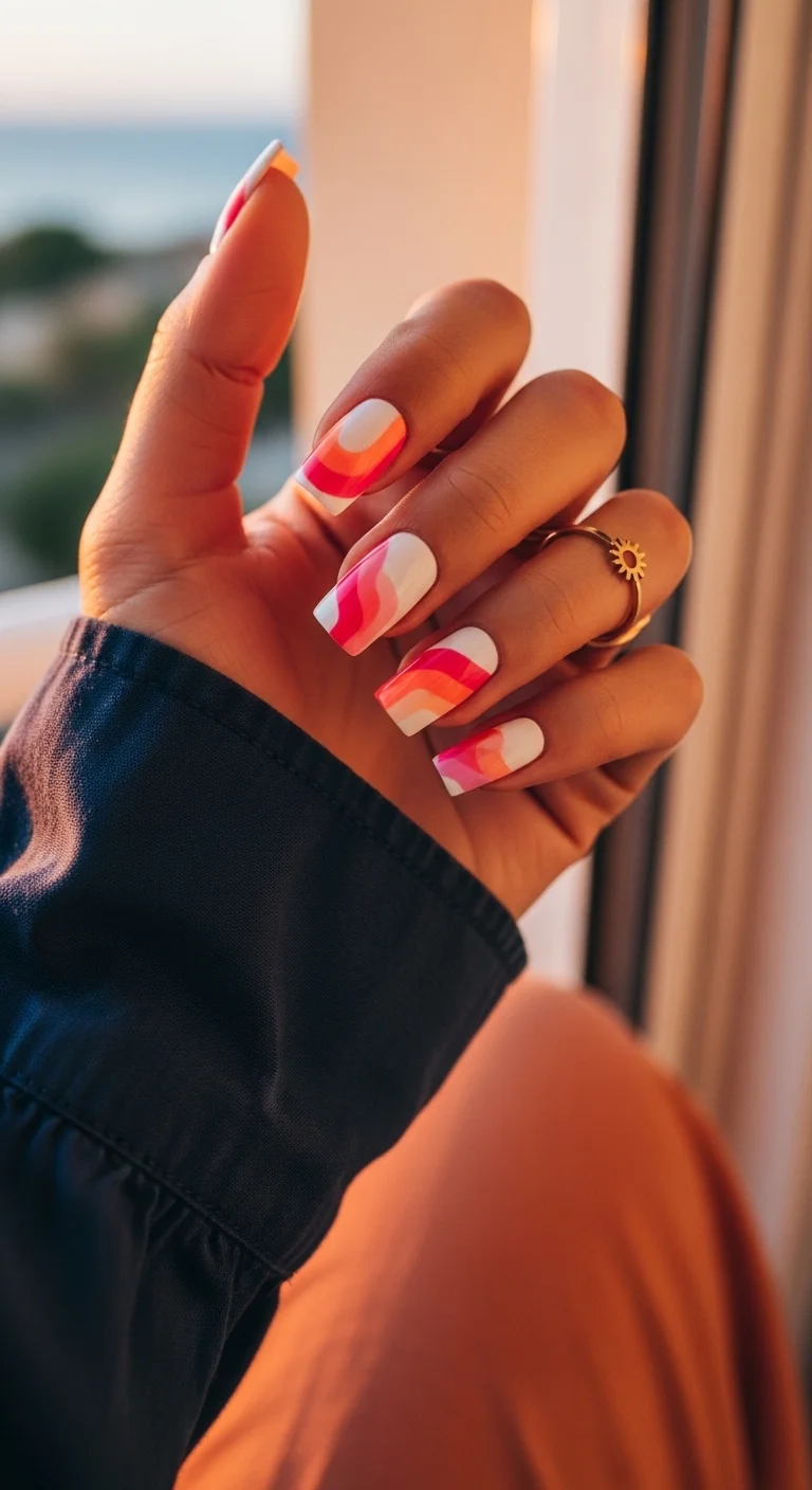 Orange and pink retro wave nails with white base