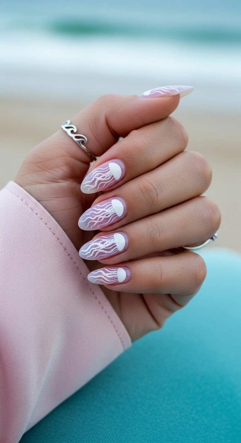 Sheer nails with white jellyfish art and iridescent shimmer