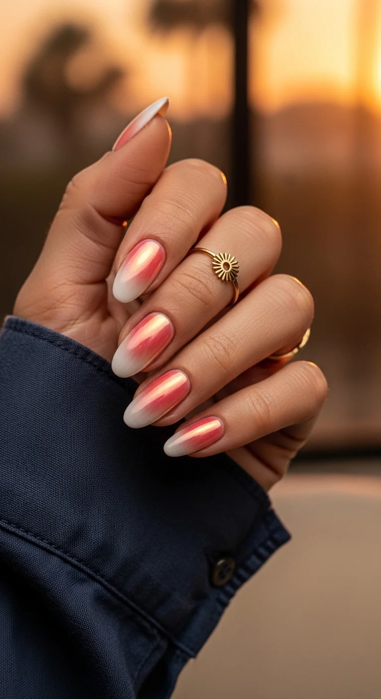 Chrome ombre nails in peach and white with gold rings