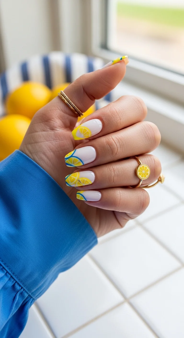 White nails with lemon slice art and blue accents