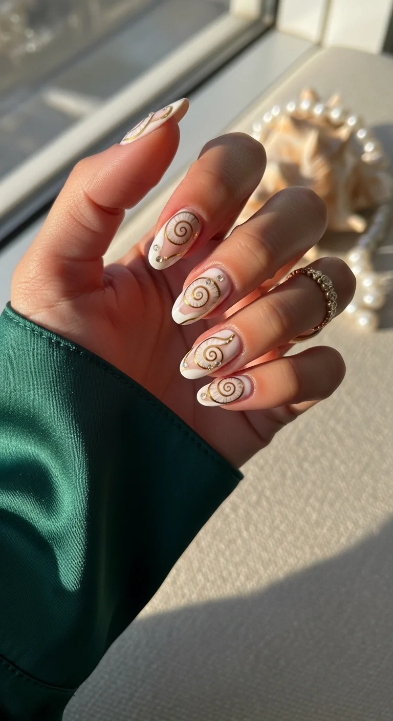 White nails with gold seashell swirls and rhinestones