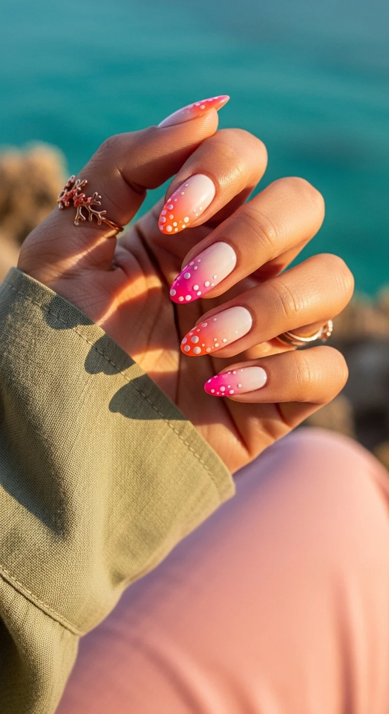 Pink and orange ombre nails with white dot art