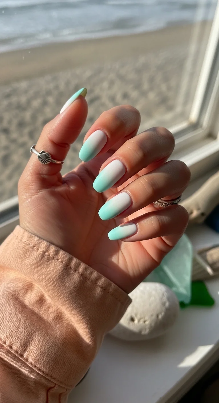 Mint green and white ombre nails