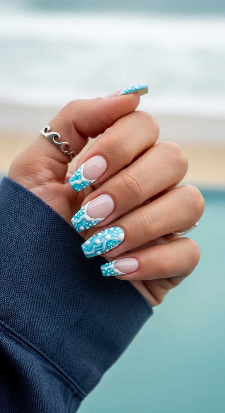 Blue wave French tip nails with bubble art