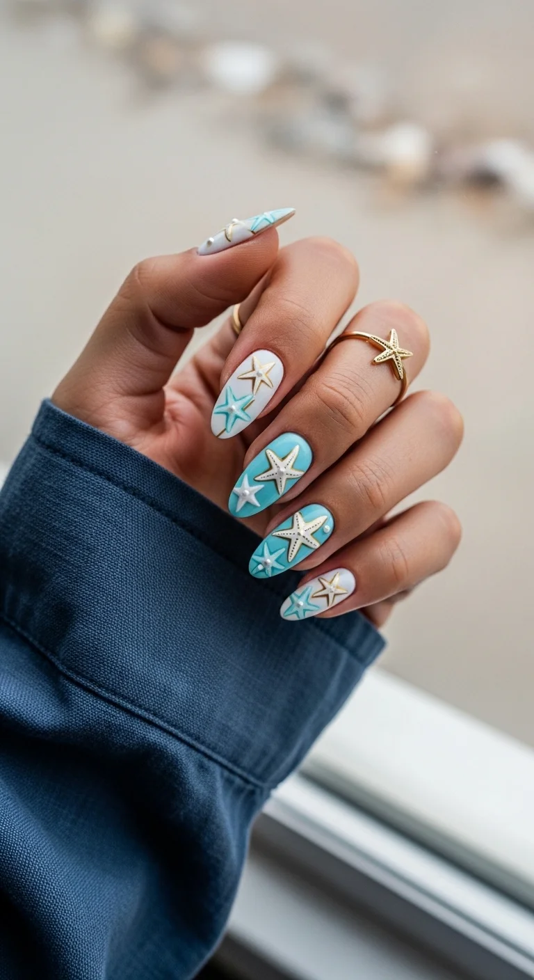 White and blue nails with starfish art and gold accents