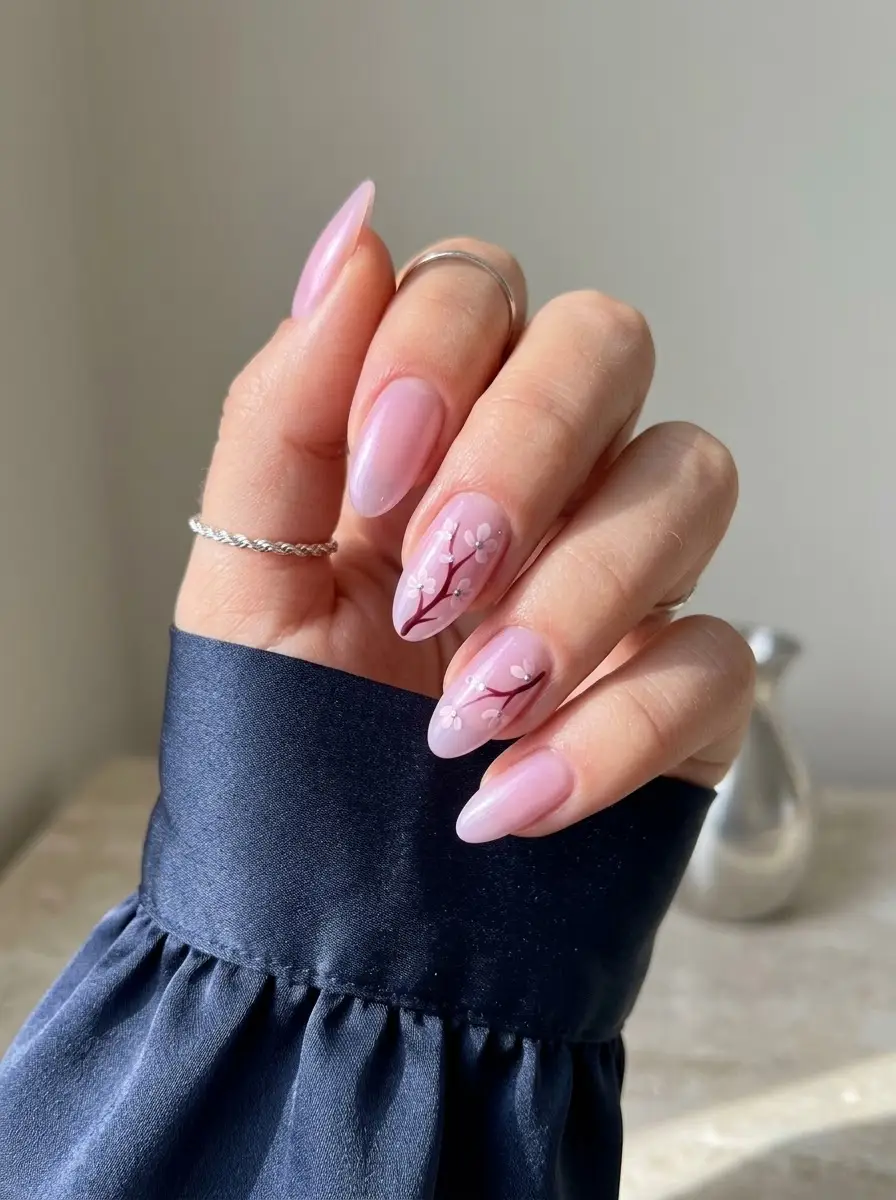 Pink Floral Birthday Nails - Translucent blush-pink almond nails with slim burgundy branches and tiny white blossoms