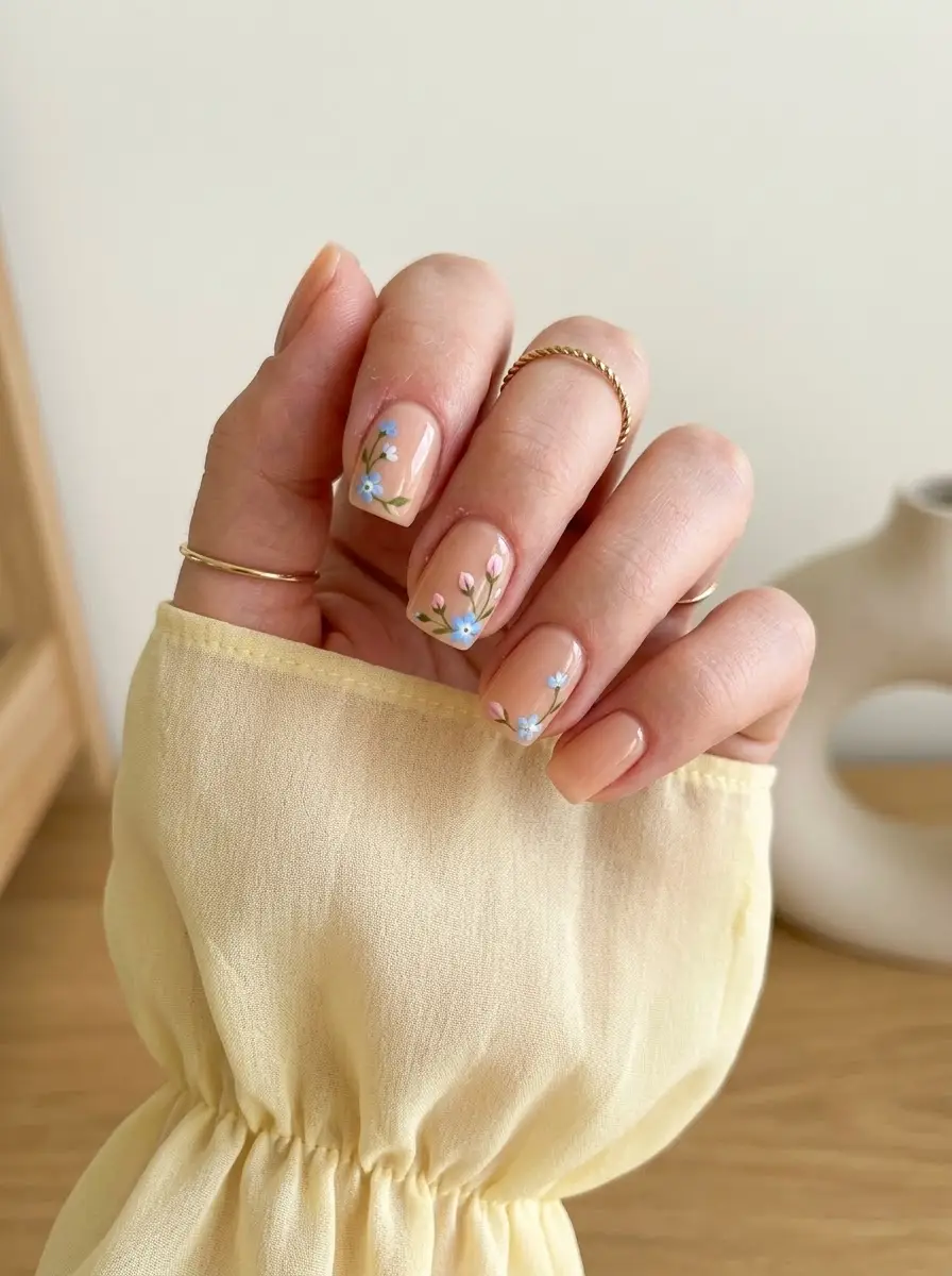 Tiny Wildflower Birthday Nails - Short square nude nails with miniature blue blossoms and pink floral artwork