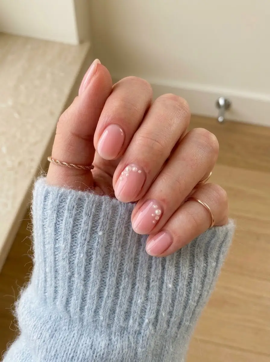 Sheer Pink Pearl Birthday Nails - Short rounded translucent pink nails with crescent pearl cuticle embellishments