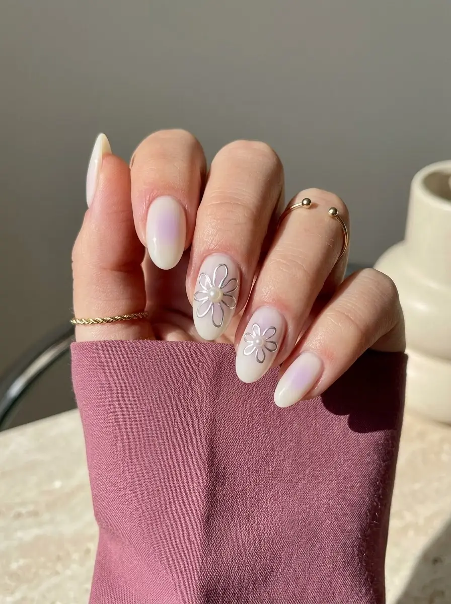 Pearl Flower Aura Birthday Nails - Almond milky white nails with pink and lavender aura glow, metallic flowers, and pearls