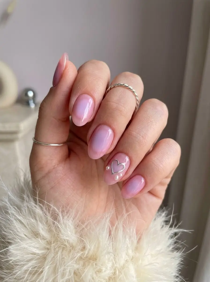 Pink Aura Birthday Nails With Pearl Heart - Sheer blush pink rounded nails with lavender-pink aura and pearl metallic heart accent