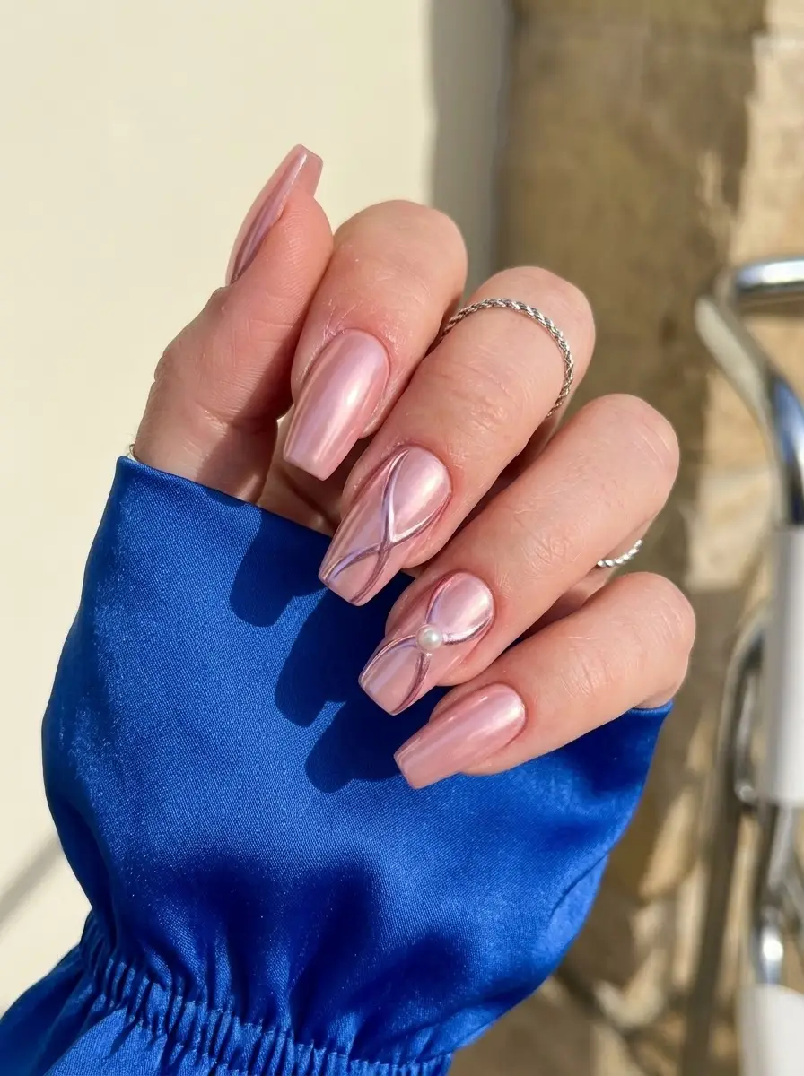 Pink Chrome Swirl Birthday Nails - Softly squared pearly-pink chrome nails with metallic silver swirls and a single pearl