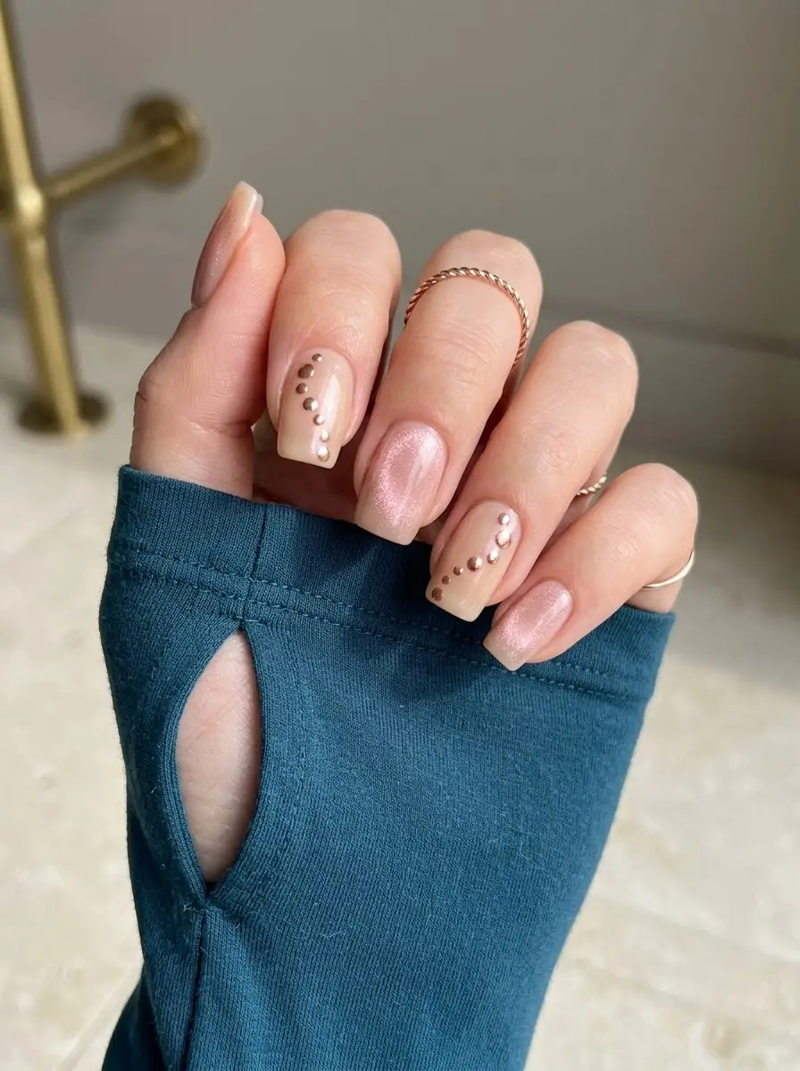 Rose Gold Studded Nude Birthday Nails - Short square nude and shimmering blush nails with diagonal trails of rose-gold studs