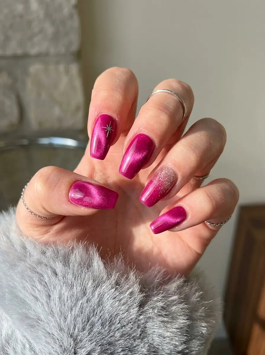 Magenta Cat-Eye Birthday Nails With Glitter - Long tapered square magenta magnetic cat-eye nails with silver star and glitter accent
