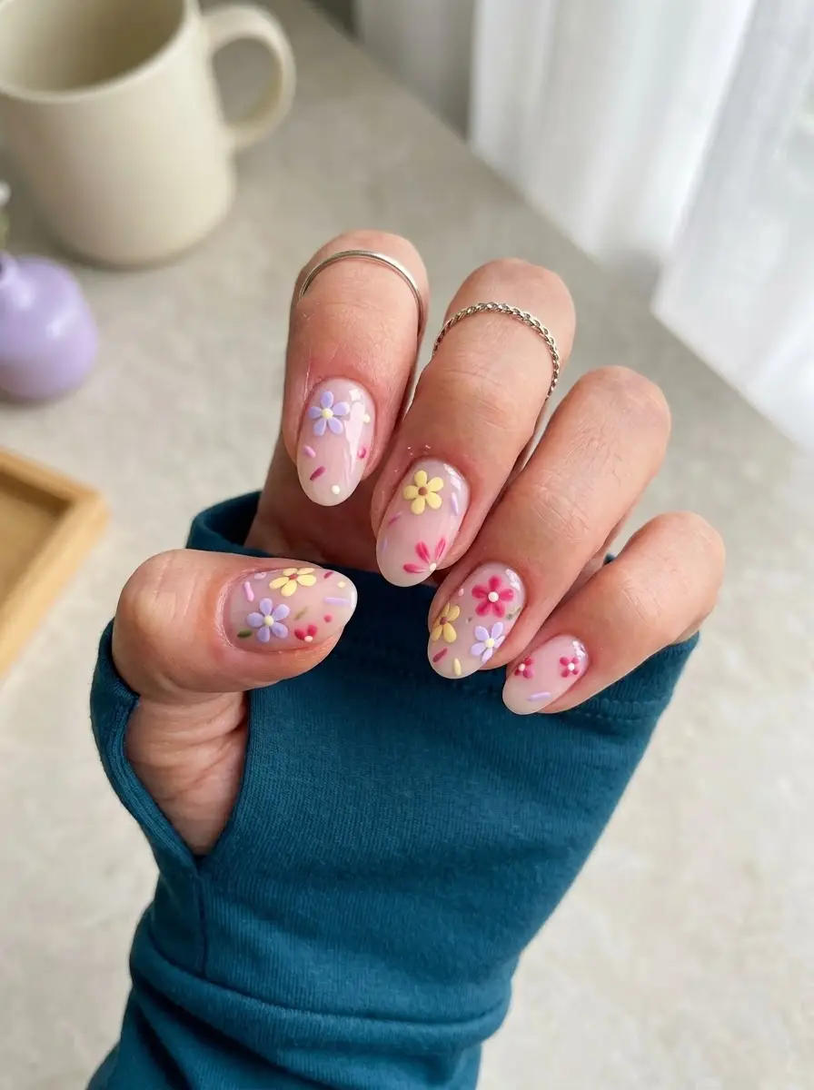 Colorful Floral Birthday Nails - Rounded sheer nude nails scattered with colorful pastel miniature flowers