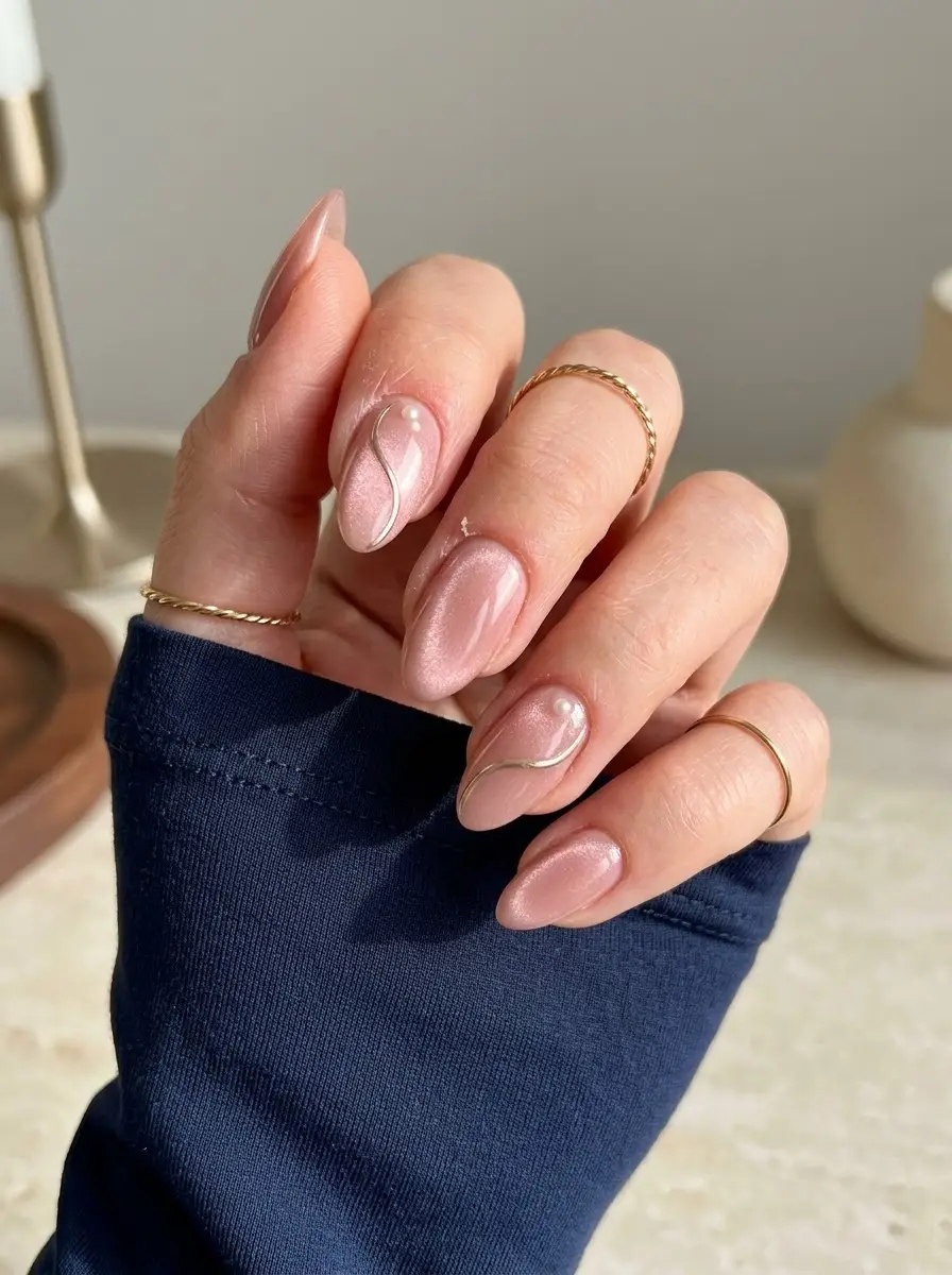Soft Pink Chrome Swirl Birthday Nails - Pearly pink chrome almond nails with metallic silver curves and pearl accents