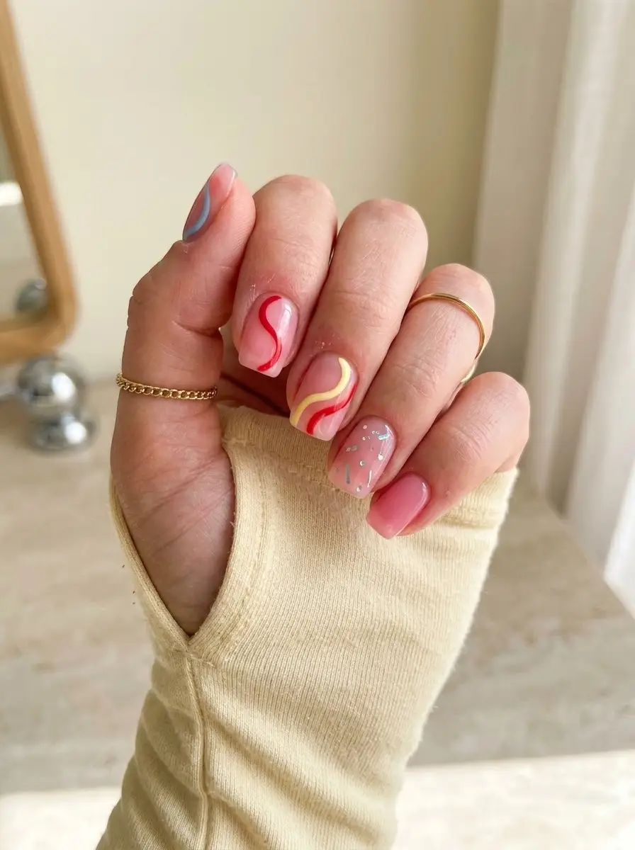 Pink Abstract Swirl Birthday Nails - Rosy pink short rounded-square nails with red, yellow swirls, and silver glitter accent
