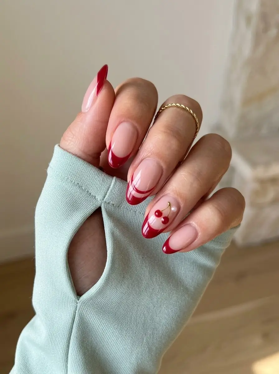 Cherry Red French Birthday Nails - Sheer nude-pink base with rich red French tips and glossy cherry accents