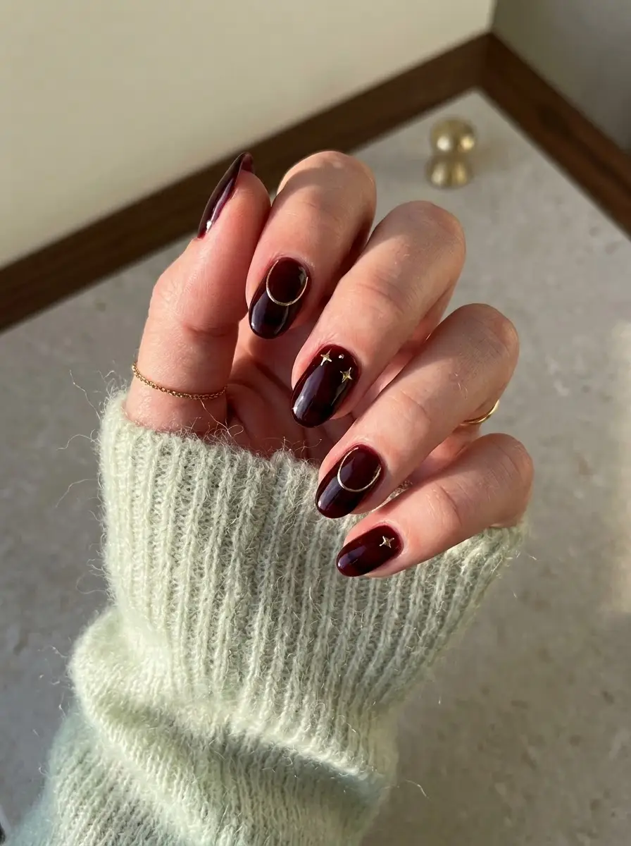 Burgundy Celestial Birthday Nails - Short rounded deep wine-toned burgundy nails with gold moons and star accents