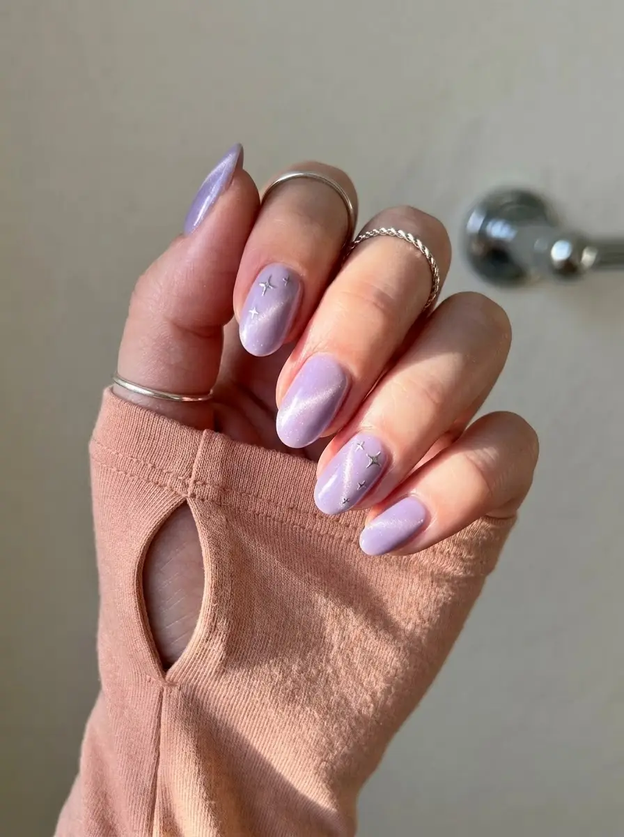 Lavender Cat-Eye Star Birthday Nails - Luminous lilac magnetic cat-eye rounded nails with delicate silver star accents