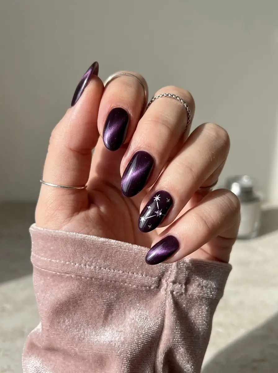 Dark Purple Constellation Birthday Nails - Rich plum-purple cat-eye rounded nails with silver star constellation design