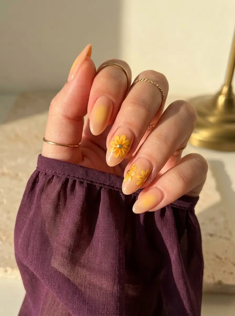 Yellow Floral Ombre Birthday Nails - Nude-to-yellow ombre almond nails with dimensional yellow flowers and metallic centers