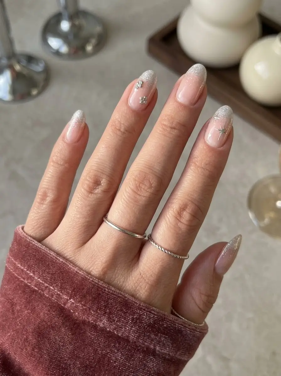 Silver Glitter French Birthday Nails - Sheer blush-pink almond nails with silver glitter fade tips, crystals, and starbursts