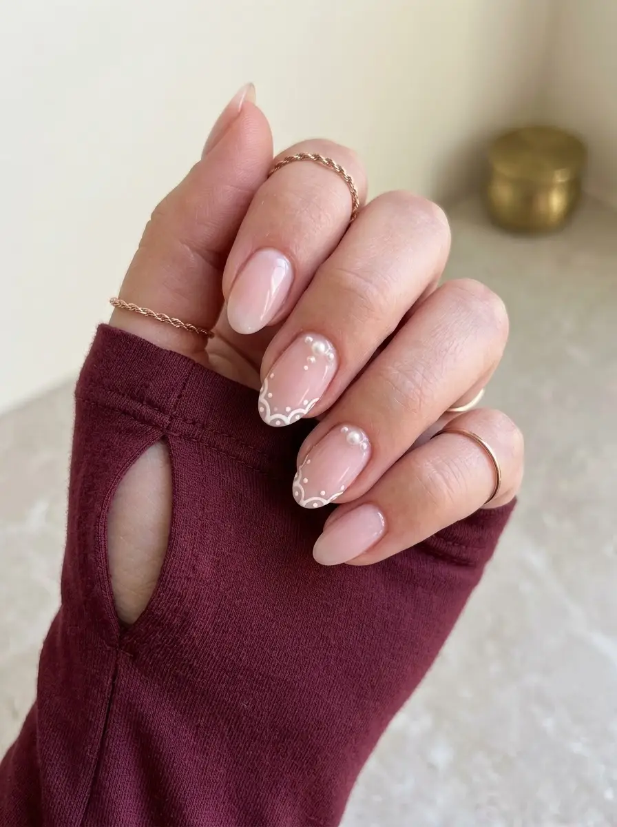 Pearl French Birthday Nails - Glossy sheer blush pink almond nails with intricate white lace-like French tips and pearls