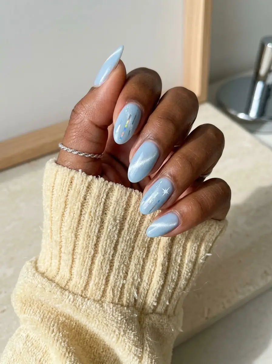 Light Blue Cat-Eye Birthday Nails With Star Accents - Icy blue cat-eye almond nails with holographic lines and silver star