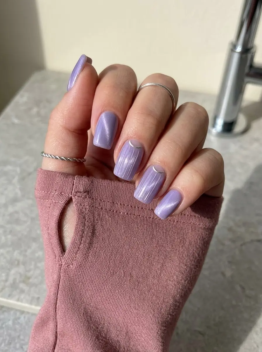 Lavender Cat-Eye Birthday Nails With Silver Moons - Short square lavender cat-eye nails with silver half-moon cuticle outlines