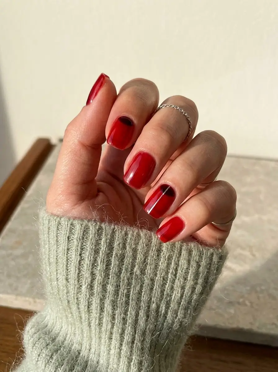Glossy Red Birthday Nails With Black Half-Moons - Short square saturated red nails with black half-moon cuticle accents