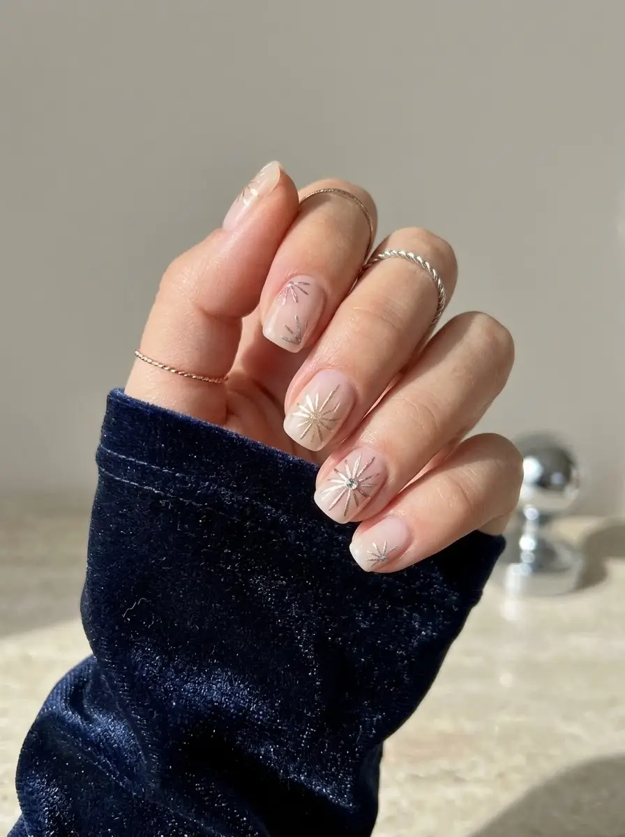 Nude Starburst Birthday Nails - Translucent nude short square nails with gold and silver starburst artwork